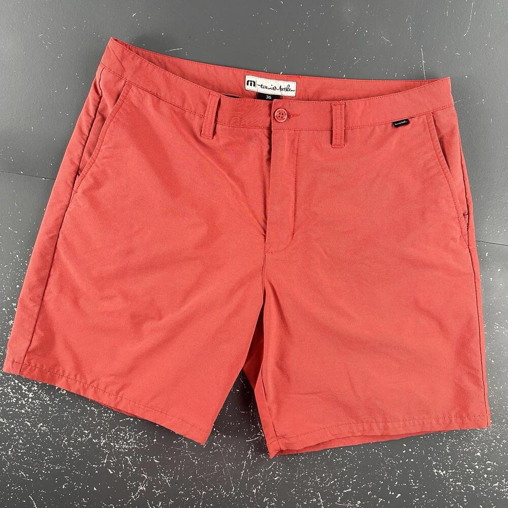 Travis Mathew Shorts Mens 36 Red Pin Striped Tri Blend Golf Performance Chino